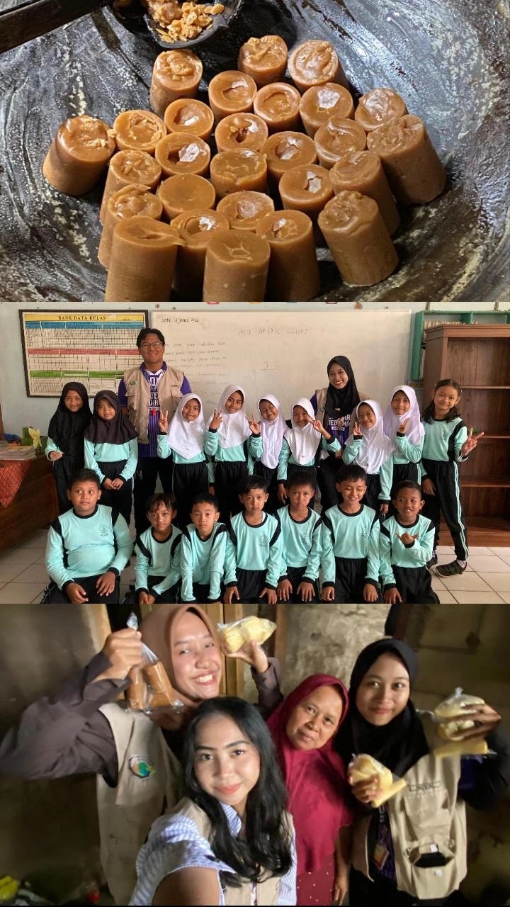 Mengajar mata pelajaran PJOK dengan materi kebersihan diri & pentingnya kesehatan. Serta Pendampingan UMKM gula cetak.