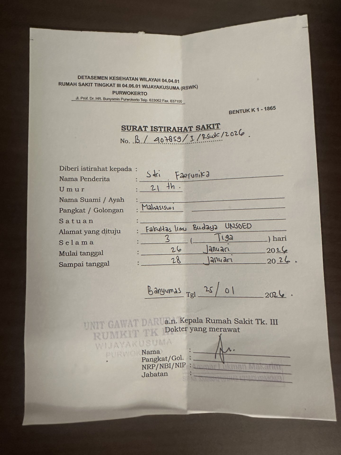 Izin tidak mengikuti KKN dikarenakan sakit