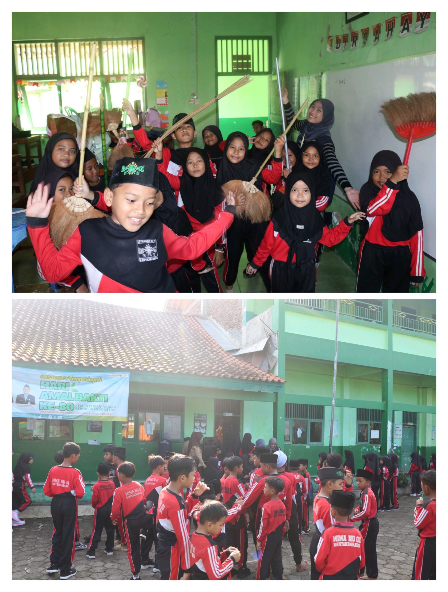 Kegiatan senam bersama siswa MI Ma'arif 1 dan kerja bakti bersama siswa memberikan lingkungan sekolah