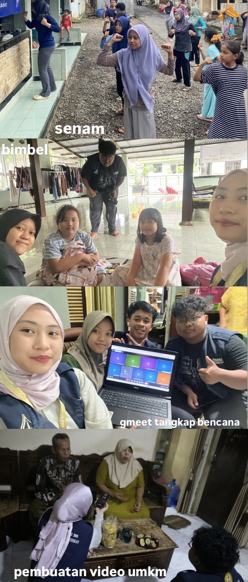 senam pagi, pembuatan video umkm, bimbel, gmeet tangkap bencana