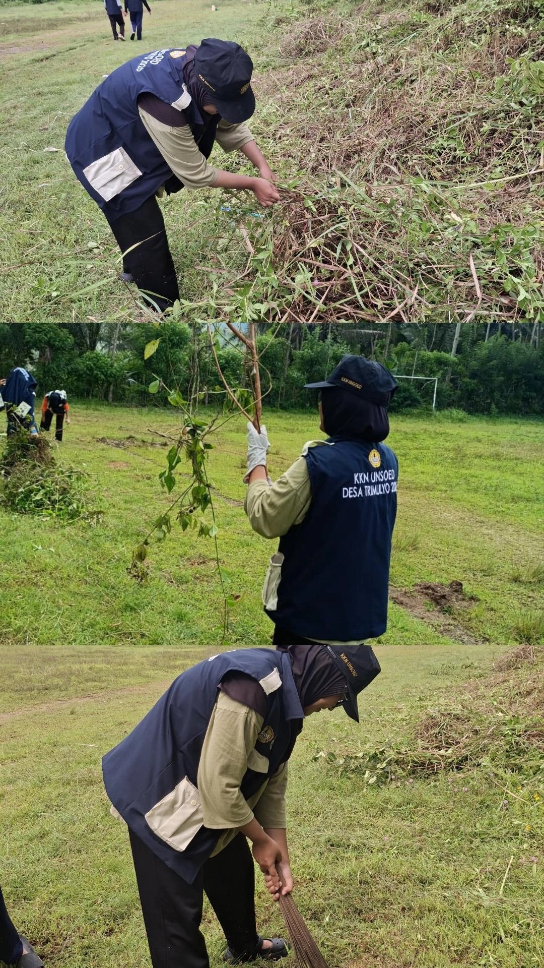 Membantu membersihkan rumput di lapangan