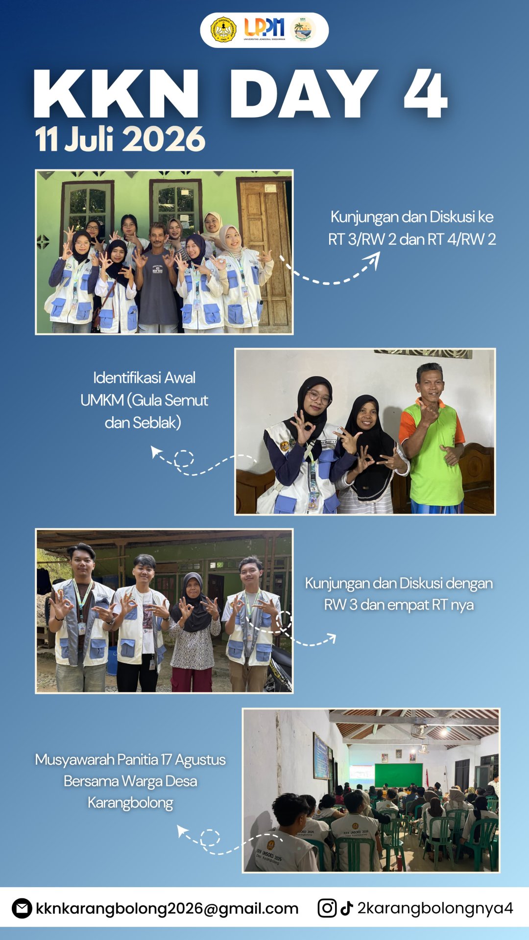Kunjungan dan Diskusi Koordinasi dengan Ketua RT dan RW, Identifikasi Awal UMKM Gula Semut dan Seblak Desa Karangbolong, dan Musyawarah Panitia 17 Agustus Bersama Warga Desa Karangbolong