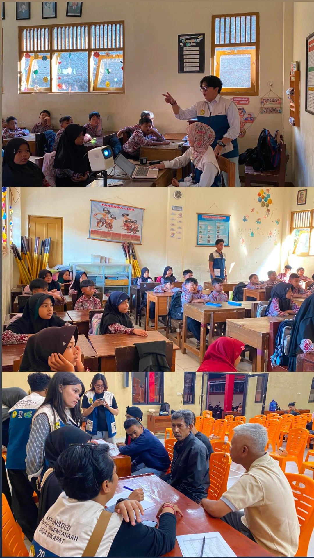 kegiatan pertama yaitu terkait dengan sosialisasi anti DBD, cerdas mengelola uang melalui permainan minimarket edukatif, dan sosialisasi terkait dengan aku siaga bencana angin kencang, petir, dan erupsi gunung, kegiatan FGD 1 kebencanaan desa sikapat