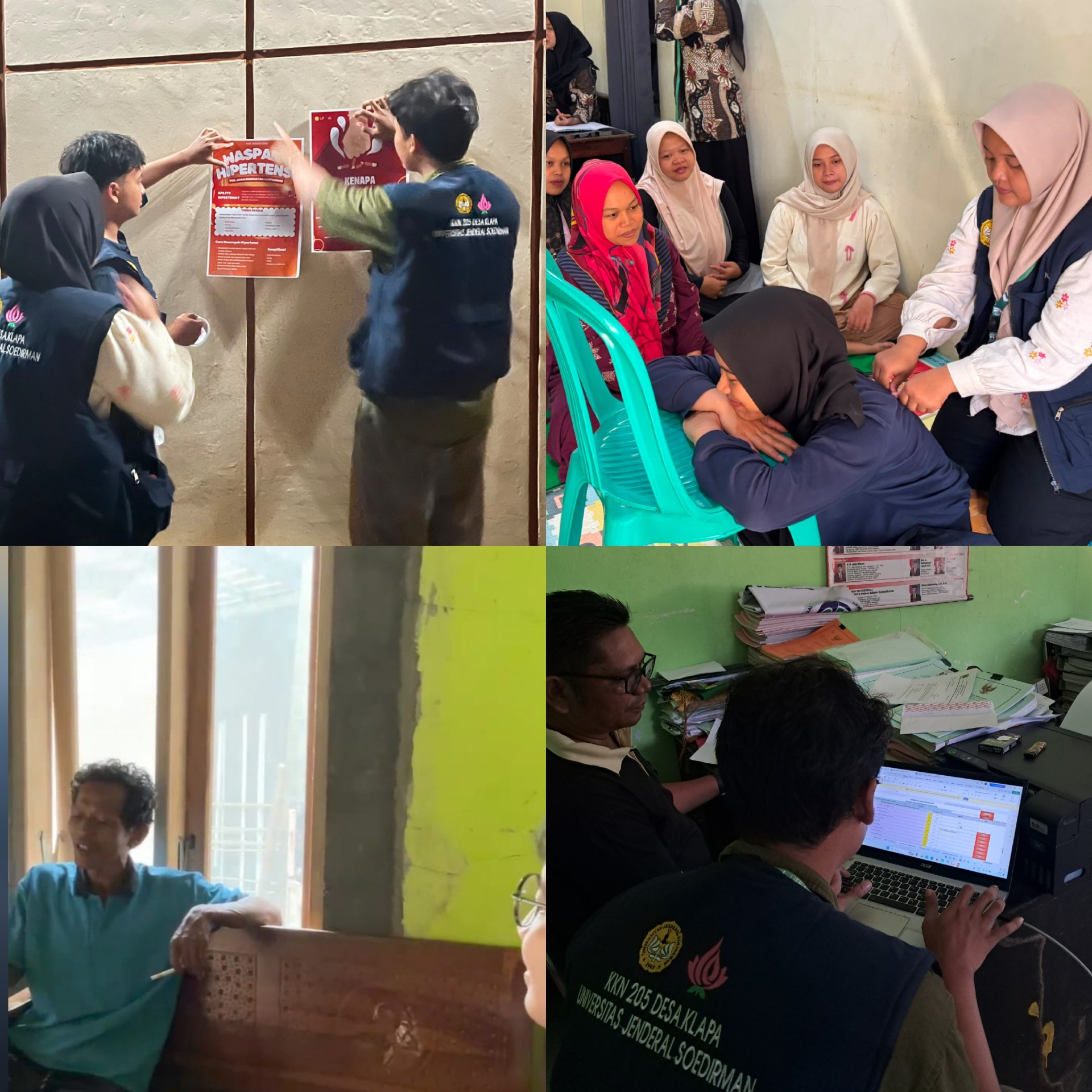 Kegiatan Program Kerja KKN: Pemasangan Papan Informasi Kesehatan, Pendampingan Posyandu dan Edukasi Pijat Oksitosin (Bidang Kesehatan), Piket Desa (Bidang Pemerintahan Desa), serta Pendataan UMKM untuk Potensi Desa (Bidang Ekonomi)