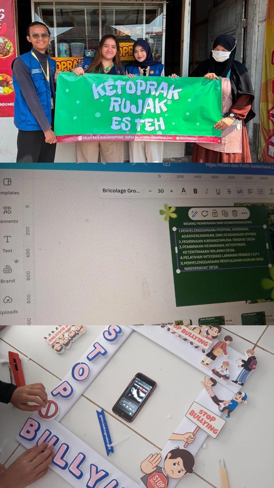 Pembuatan frame anti bullying, Piket Kantor Desa, dan Rebranding UMKM