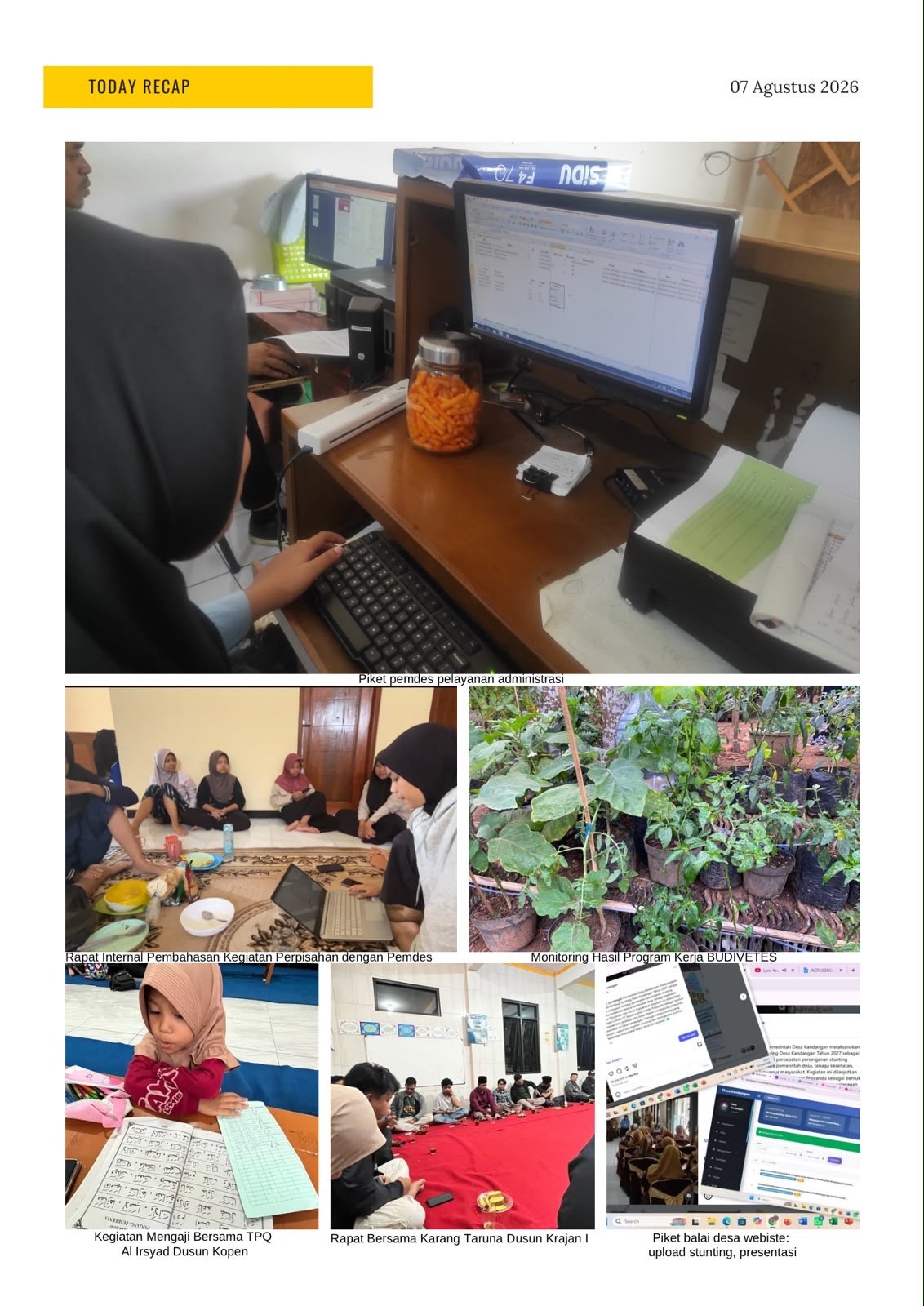 Pelayanan Administrasi Pemerintah Desa, Evaluasi Program KKN, Persiapan Perpisahan, Dokumentasi Kegiatan, dan Monitoring Keberlanjutan Program