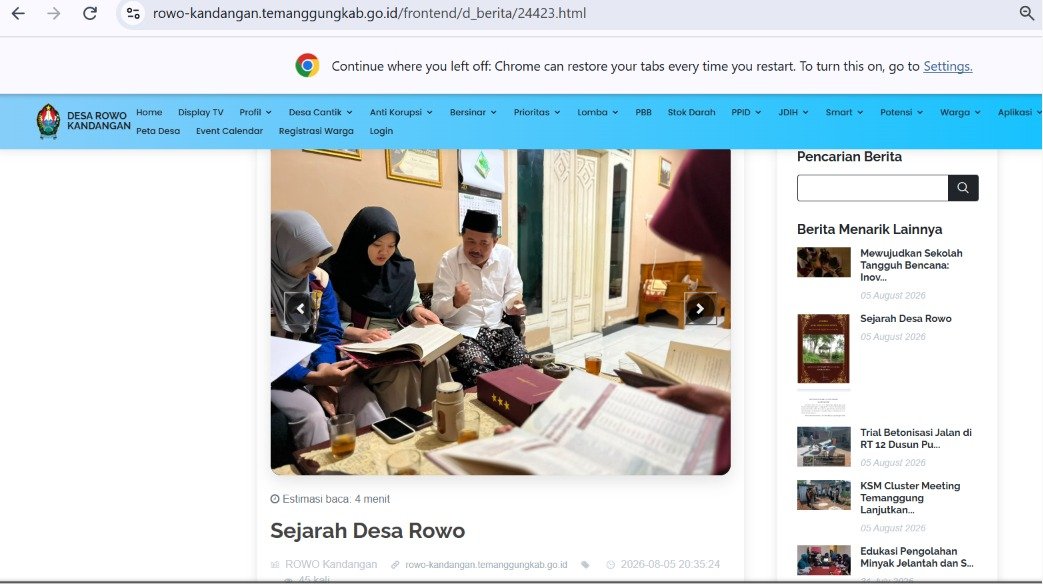 Digitalisasi Tata Kelola Informasi Desa: Penyusunan dan Publikasi Sejarah serta Profil Desa Rowo di Website Resmi Desa