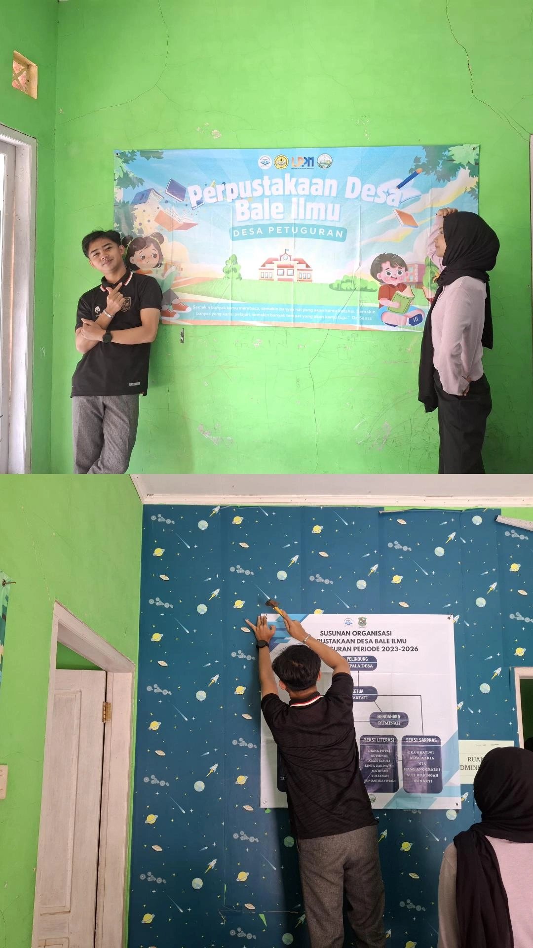 Pemasangan banner Perpusdes dan struktur organisasi Perpusdes