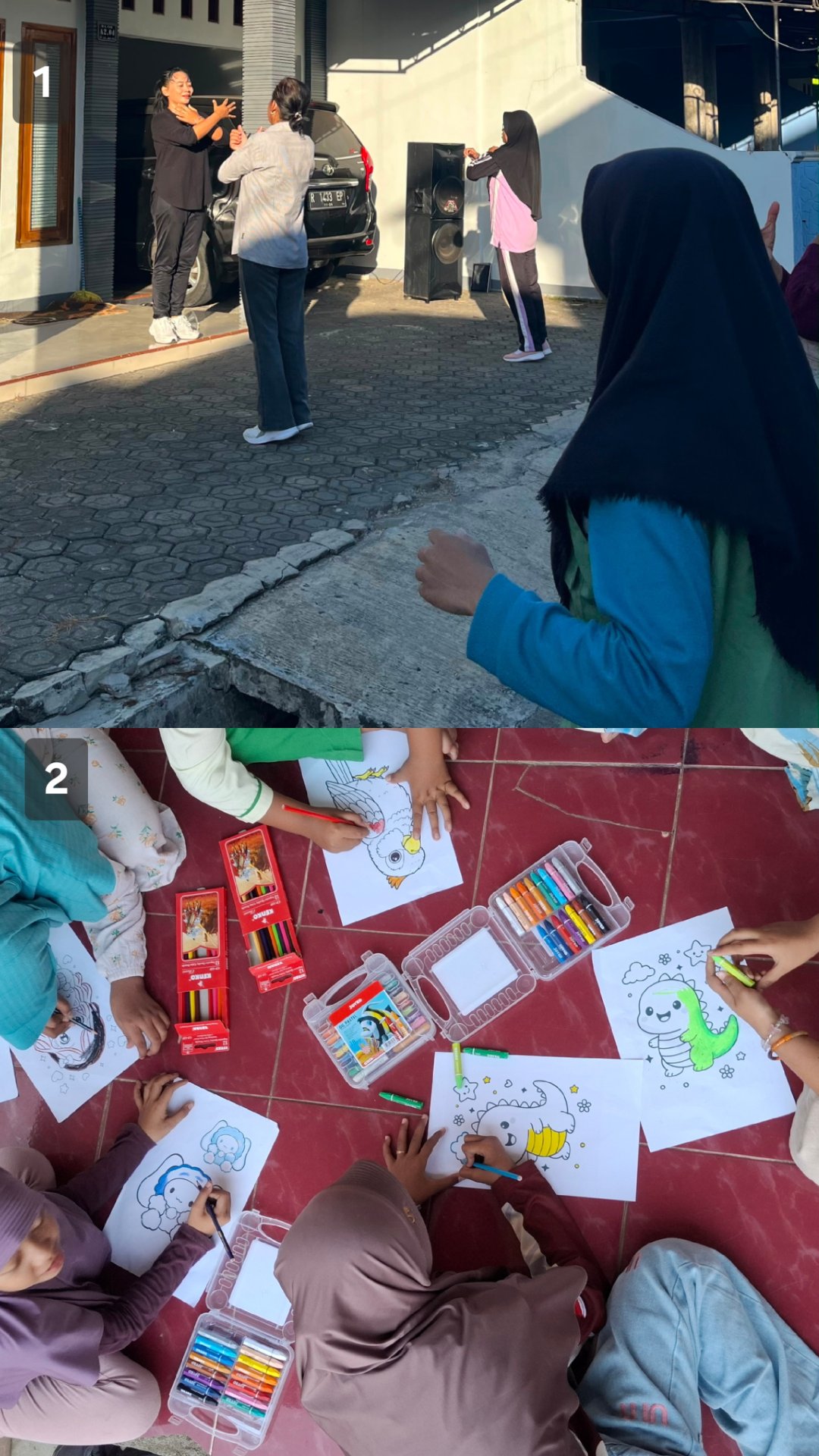Senam pagi bersama warga sekitar posko dan Mewarnai dengan anak-anak
