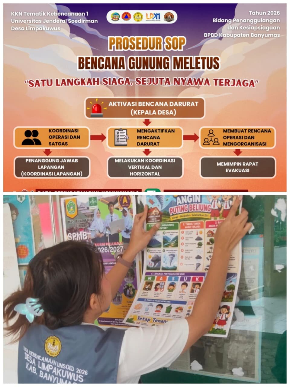Pemasangan Poster di Sekolah SDN 2 Limpakuwus dan Pembuatan Poster SOP Kebencanaan Gunung Meletus di Desa Limpakuwus