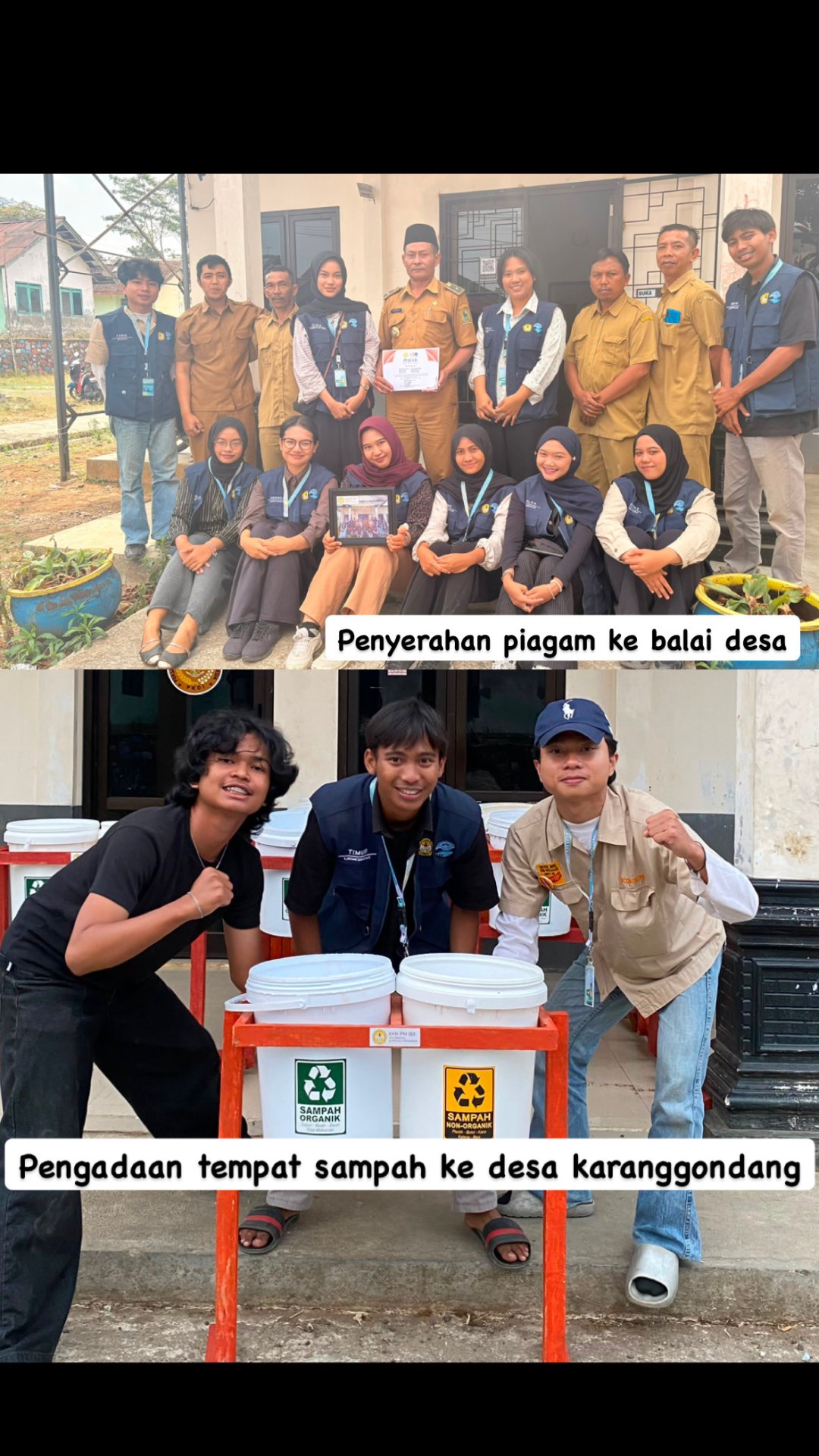 Penyerahan piagam ke balai desa dan pengadaan tempat sampah di desa Karanggondang